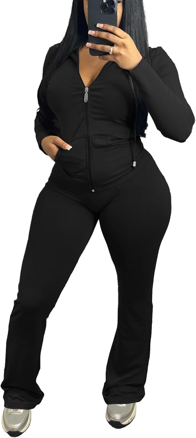 PINSV Women 2 Piece Outfits Workout Bodycon Tracksuit Long Sleeve Zip Up Hoodie Jacket Matching Flared Pants Sets