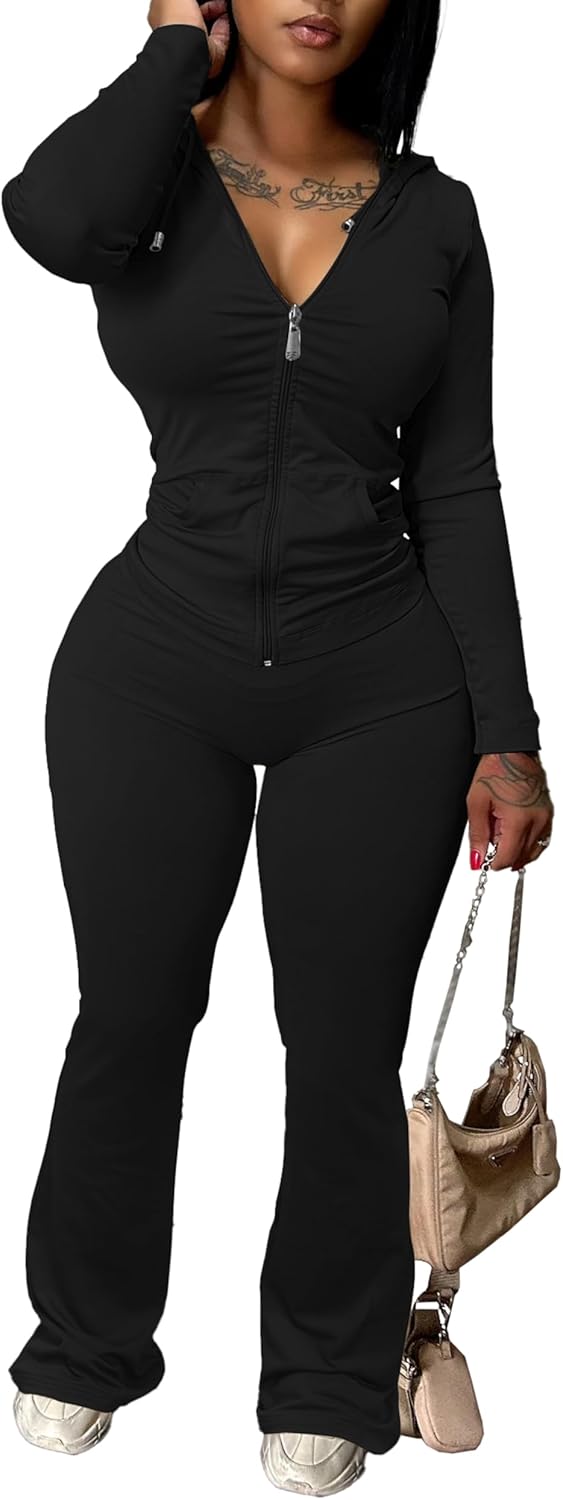 Alternative view of PINSV Women 2 Piece Outfits Workout Bodycon Tracksuit Long Sleeve Zip Up Hoodie Jacket Matching Flared Pants Sets