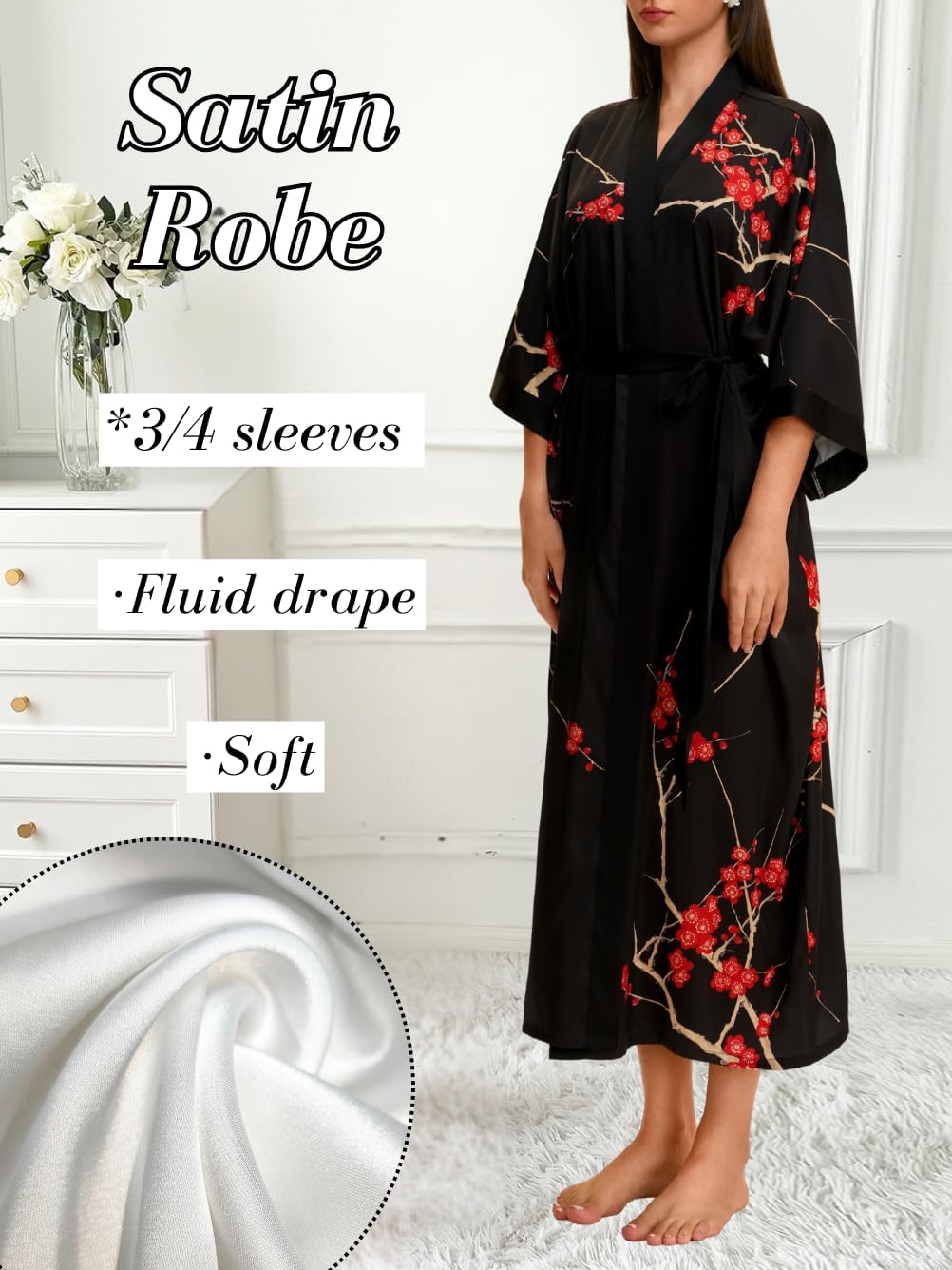 ChiaoLezhee Women's Silky Kimono Robe Fits 0-10, Elegant Floral Lightweight Satin Loungewear for Bride & Valentine Gifts