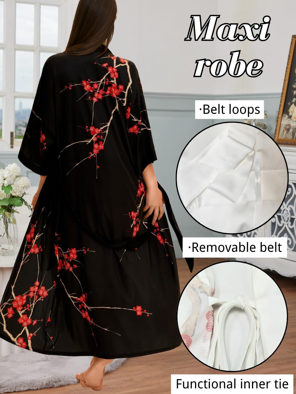 Alternative view of ChiaoLezhee Women's Silky Kimono Robe Fits 0-10, Elegant Floral Lightweight Satin Loungewear for Bride & Valentine Gifts
