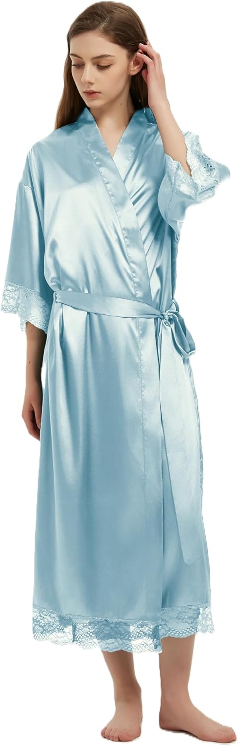 Women's Satin Robe Long Silk Kimono Bathrobe Lace Trim Bride Bridesmaid Robes Wedding Party Sleepwear Loungewear