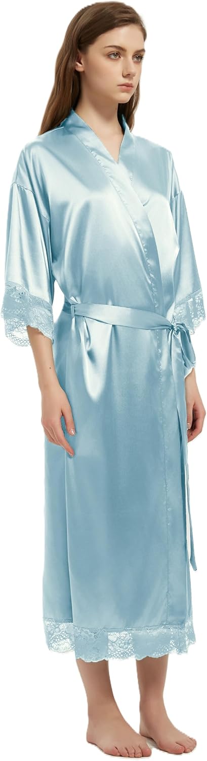 Alternative view of Women's Satin Robe Long Silk Kimono Bathrobe Lace Trim Bride Bridesmaid Robes Wedding Party Sleepwear Loungewear