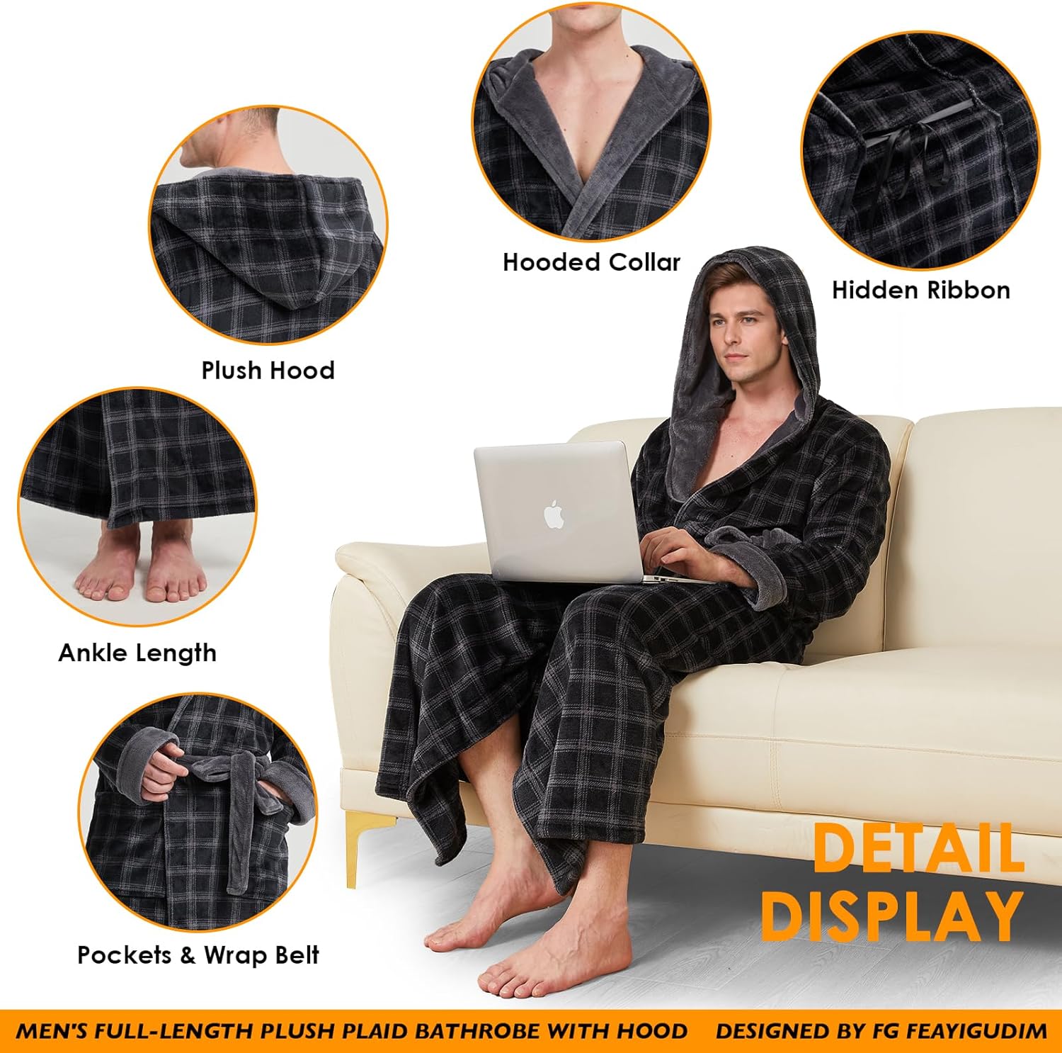 Alternative view of FG FEAYIGUDIM Cozy Plush Fleece Robe for Men, Big and Tall Hooded Long Robe, Warm Loungewear, Shawl Collar Pocketed Bathrobe