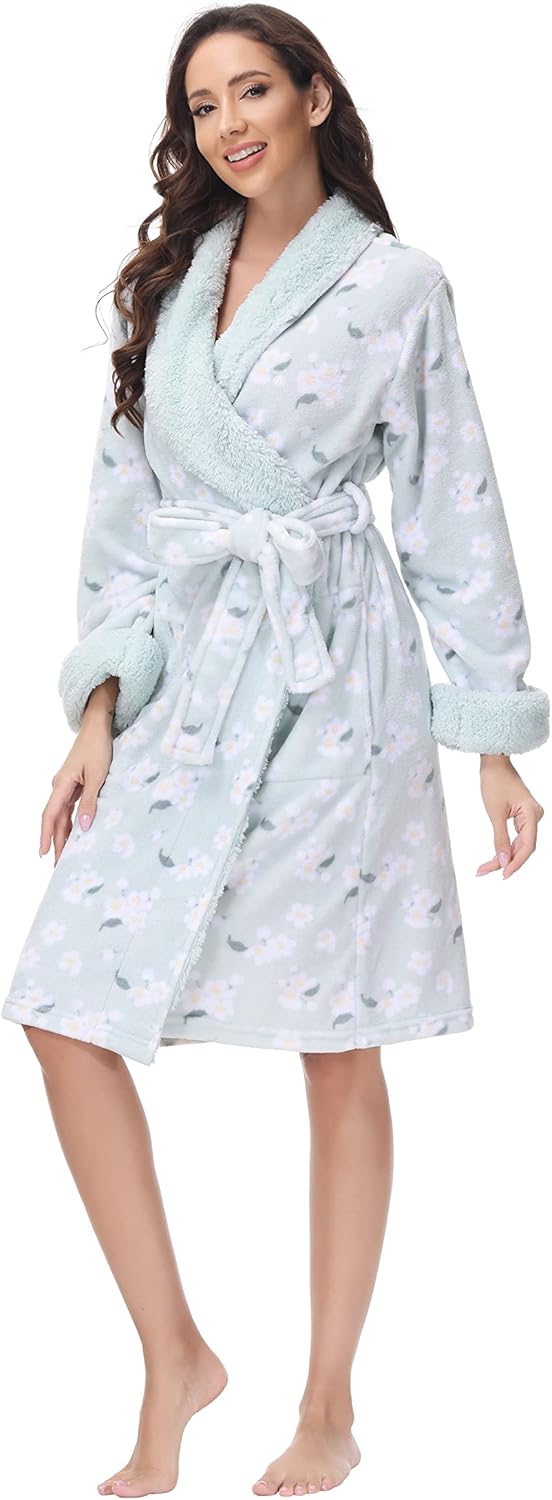 INK+IVY Plush Kimono Belted Robe for Women - Mid-Length Ladies Bathrobe Loungewear with Pocket, Collar & Cuff, Printed Winter Floral Green, L/XL