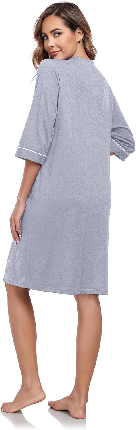 MAYFISH Women's 100% cotton Robe lightweight with 3/4 sleeves zip front Knee Length Loungewear with Pockets