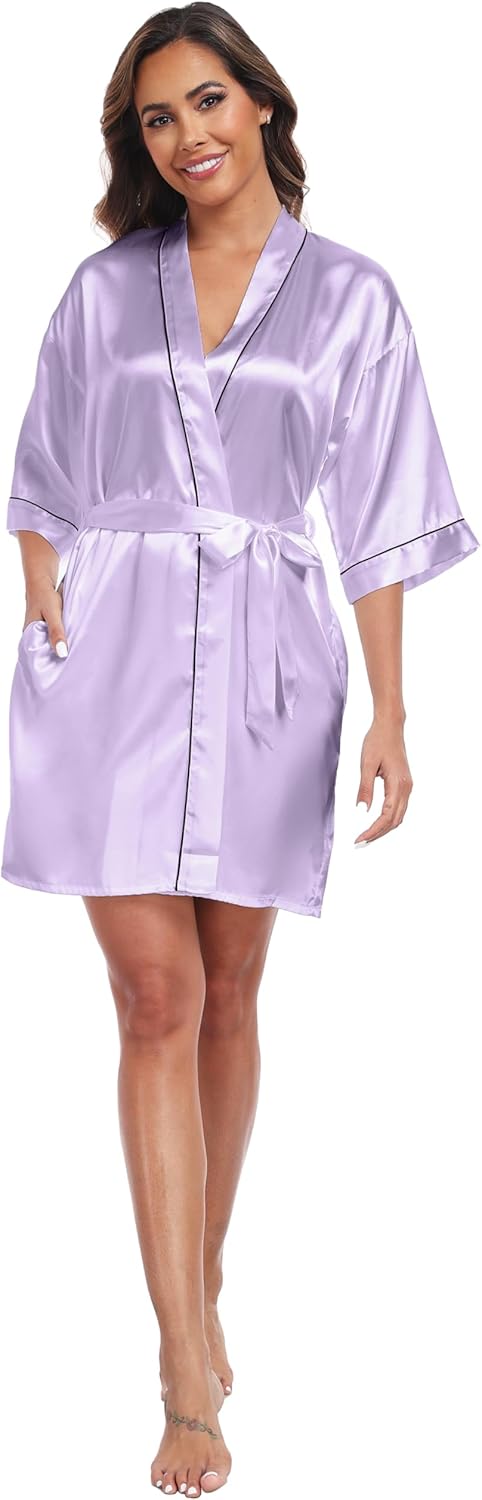 iFigure Women Satin Robes Short Silk Kimono Robe Lightweight Bridal Party Robes Bride Bridesmaids Ladies Loungewear Sleepwear