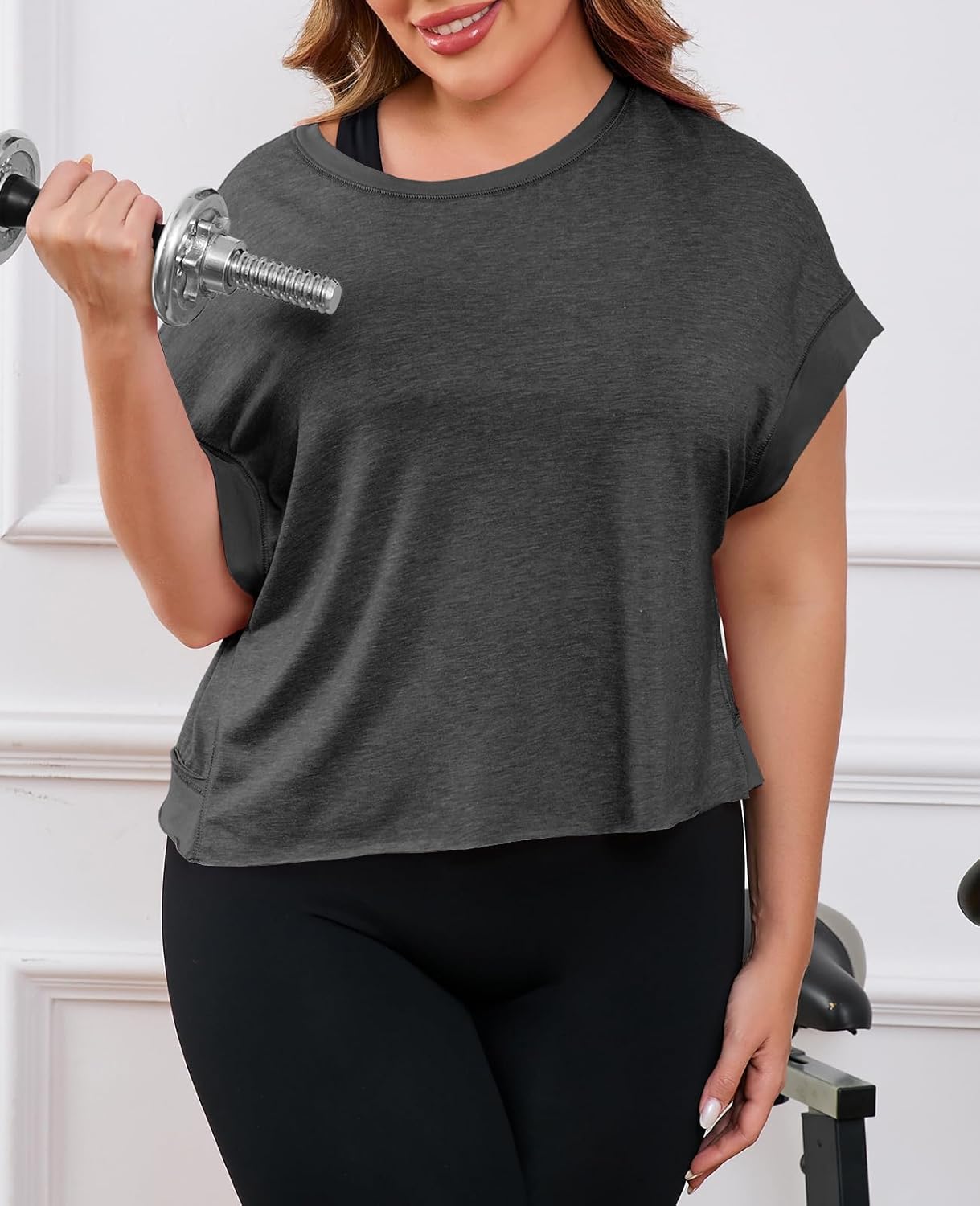 Fisoew Womens Plus Size Open Back Workout Tops Backless Short Sleeve Athletic Shirt Running Crop Top Gym Yoga