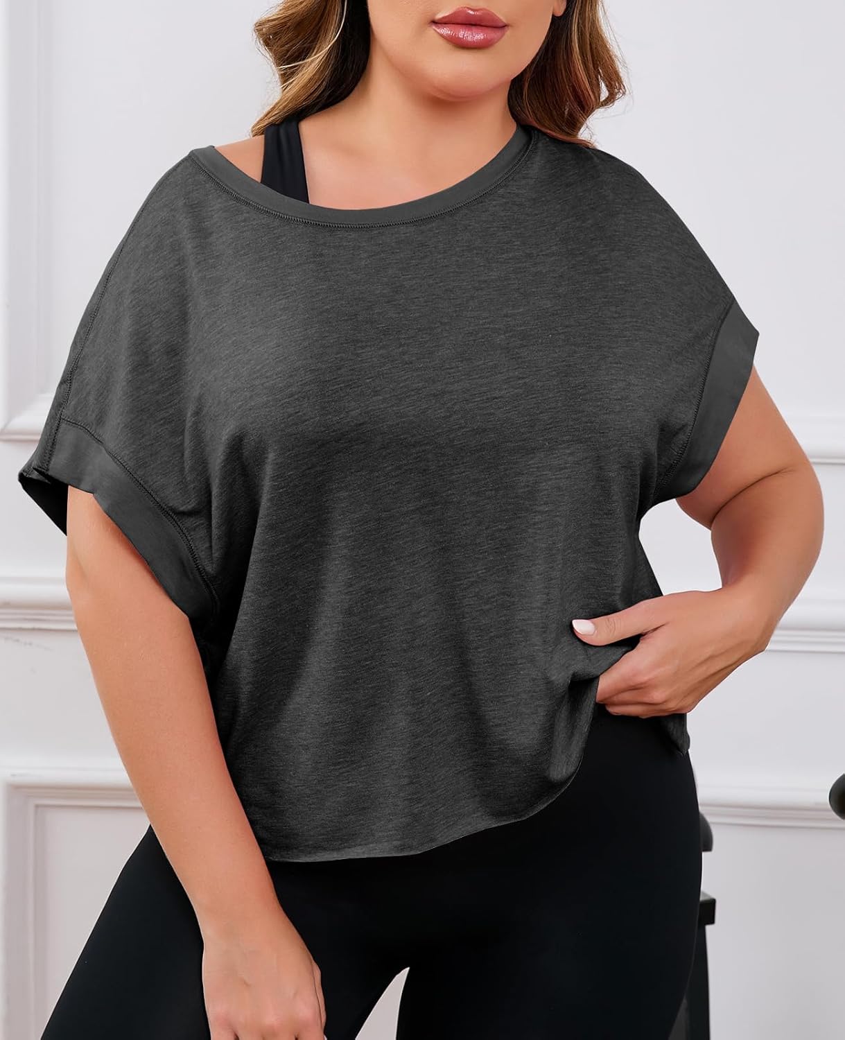 Alternative view of Fisoew Womens Plus Size Open Back Workout Tops Backless Short Sleeve Athletic Shirt Running Crop Top Gym Yoga