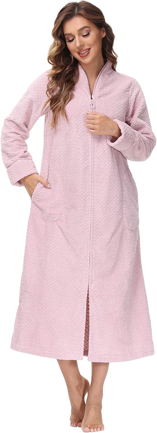 INK+IVY Embossed Plush Front Zipper Robe for Women - Full-Length Housecoat - Ladies Bathrobe Loungewear with Pocket, Collar & Cuff, Chalky Rose, L