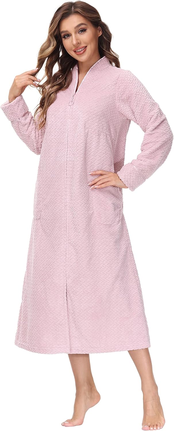 Alternative view of INK+IVY Embossed Plush Front Zipper Robe for Women - Full-Length Housecoat - Ladies Bathrobe Loungewear with Pocket, Collar & Cuff, Chalky Rose, L