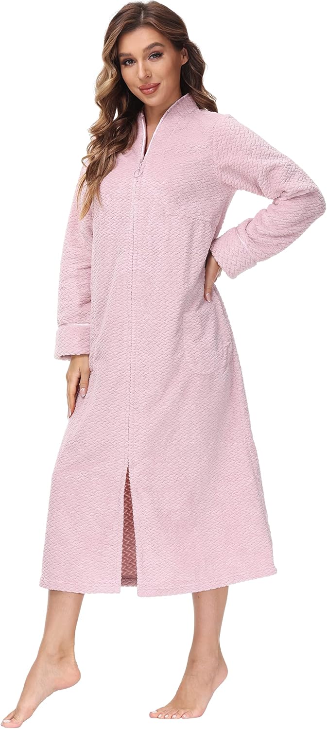 INK+IVY Embossed Plush Front Zipper Robe for Women - Full-Length Housecoat - Ladies Bathrobe Loungewear with Pocket, Collar & Cuff, Chalky Rose, L - Image 3