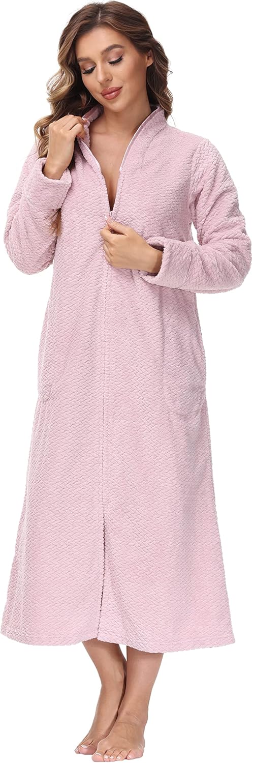 INK+IVY Embossed Plush Front Zipper Robe for Women - Full-Length Housecoat - Ladies Bathrobe Loungewear with Pocket, Collar & Cuff, Chalky Rose, L - Image 4
