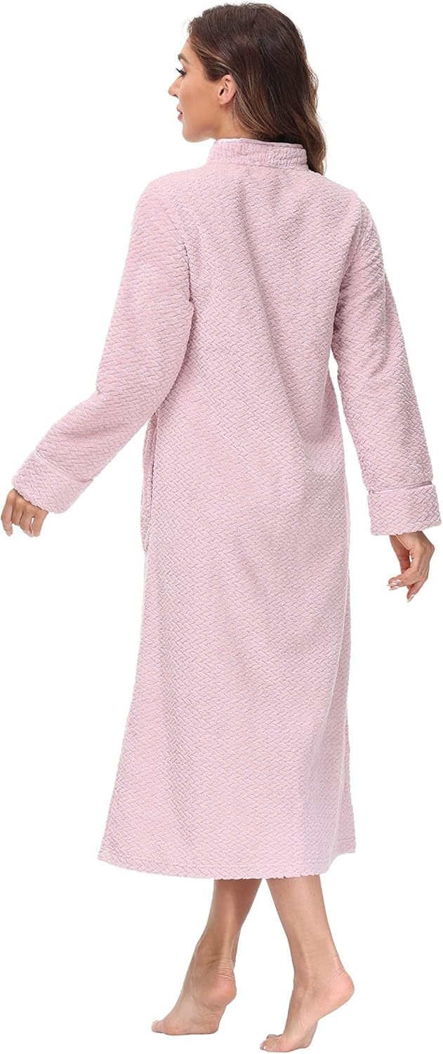INK+IVY Embossed Plush Front Zipper Robe for Women - Full-Length Housecoat - Ladies Bathrobe Loungewear with Pocket, Collar & Cuff, Chalky Rose, L - Image 5