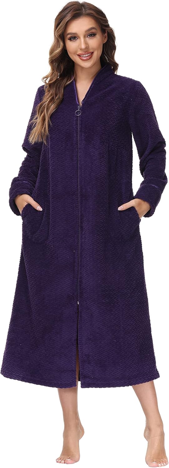 INK+IVY Embossed Plush Front Zipper Robe for Women - Full-Length Housecoat - Ladies Bathrobe Loungewear with Pocket, Collar & Cuff, Chalky Rose, L - Image 7