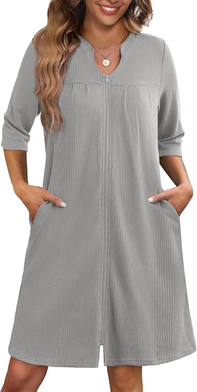 Ekouaer Zipper Robes for Women 3/4 Sleeve Waffle Knit Bathrobe Lightweight Short Housecoat with Pockets Soft Loungewear S-3XL - Image 7
