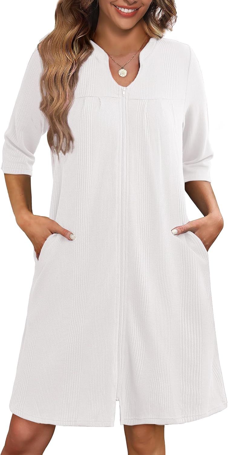 Ekouaer Zipper Robes for Women 3/4 Sleeve Waffle Knit Bathrobe Lightweight Short Housecoat with Pockets Soft Loungewear S-3XL - Image 8