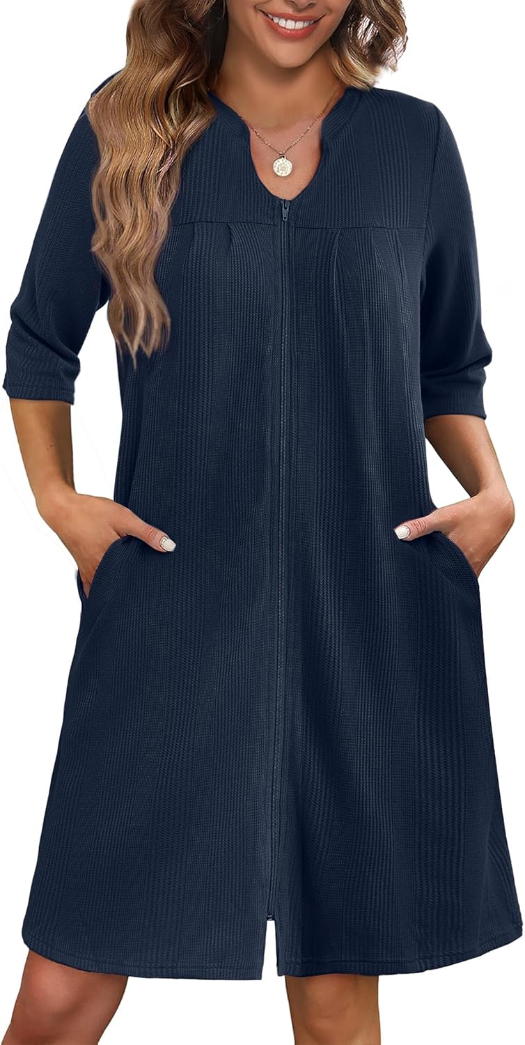 Ekouaer Zipper Robes for Women 3/4 Sleeve Waffle Knit Bathrobe Lightweight Short Housecoat with Pockets Soft Loungewear S-3XL - Image 9