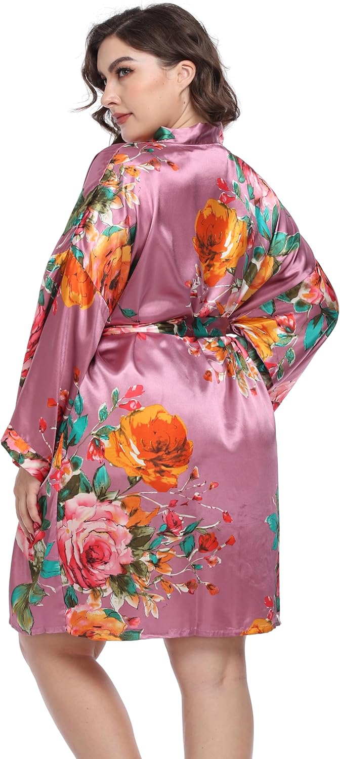 Alternative view of Women's Plus Size Floral Silky Robes Bride Bridesmaid Short Satin Bathrobe Kimono Loungewear Dressing Gown