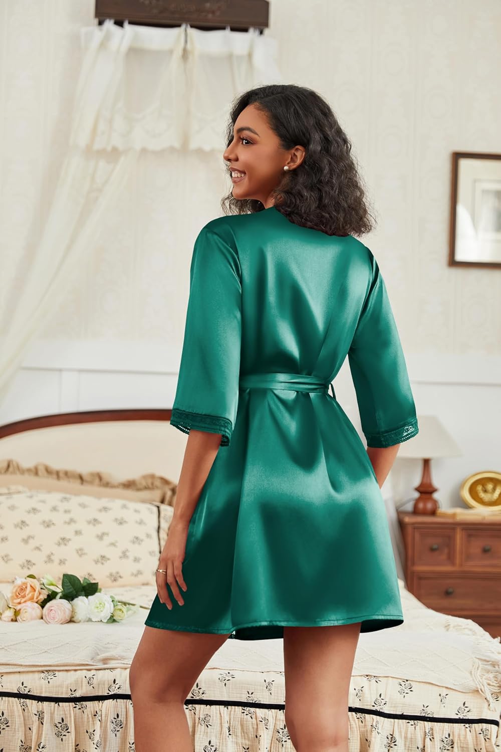 Ekouaer Women's Satin Robes 3/4 Sleeve Silk Robes Short Kimono Sexy Bride Bathrobes Lace Trim Loungewear with Pockets