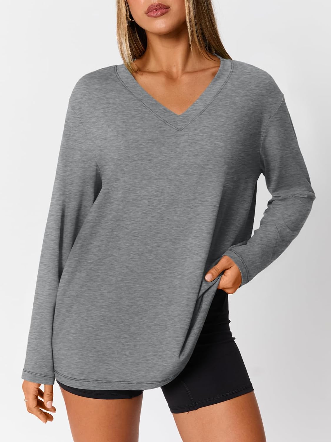 Trendy Queen Oversized Tshirts for Women Workout Plus Size Gym Tops V Neck Long Sleeve T Shirts Spring Casual Basic Tees