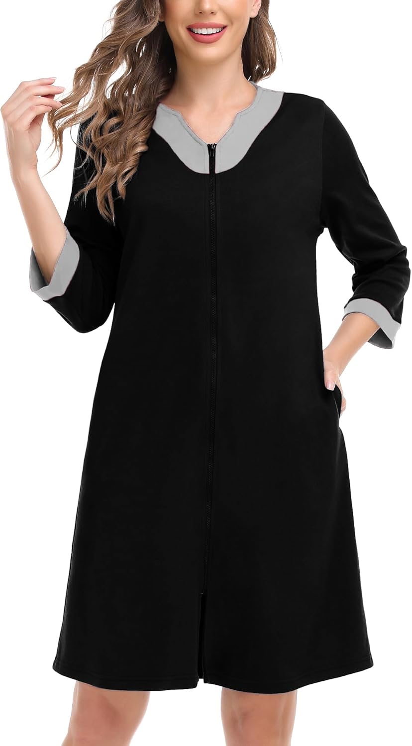 SWOMOG Women Zip Up Robe 3/4 Sleeve Housecoat Soft Cotton Zipper Front Nightgown Loungewear with Pockets