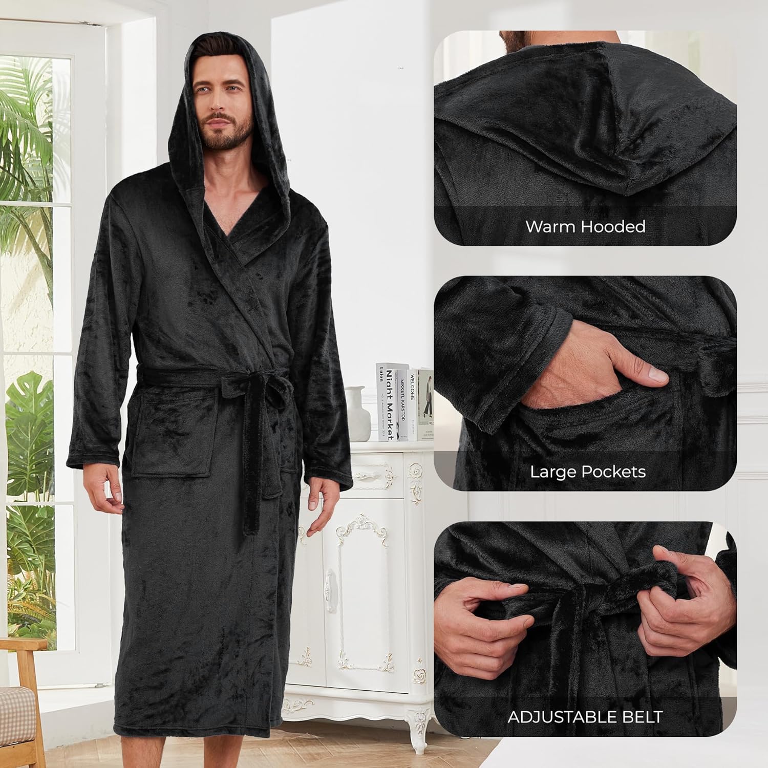 Alternative view of EK4YDNDS Mens Hooded Fleece Robe, Lightweight Soft Warm Fleece Bathrobe Shower Spa Long Robe With Pockets