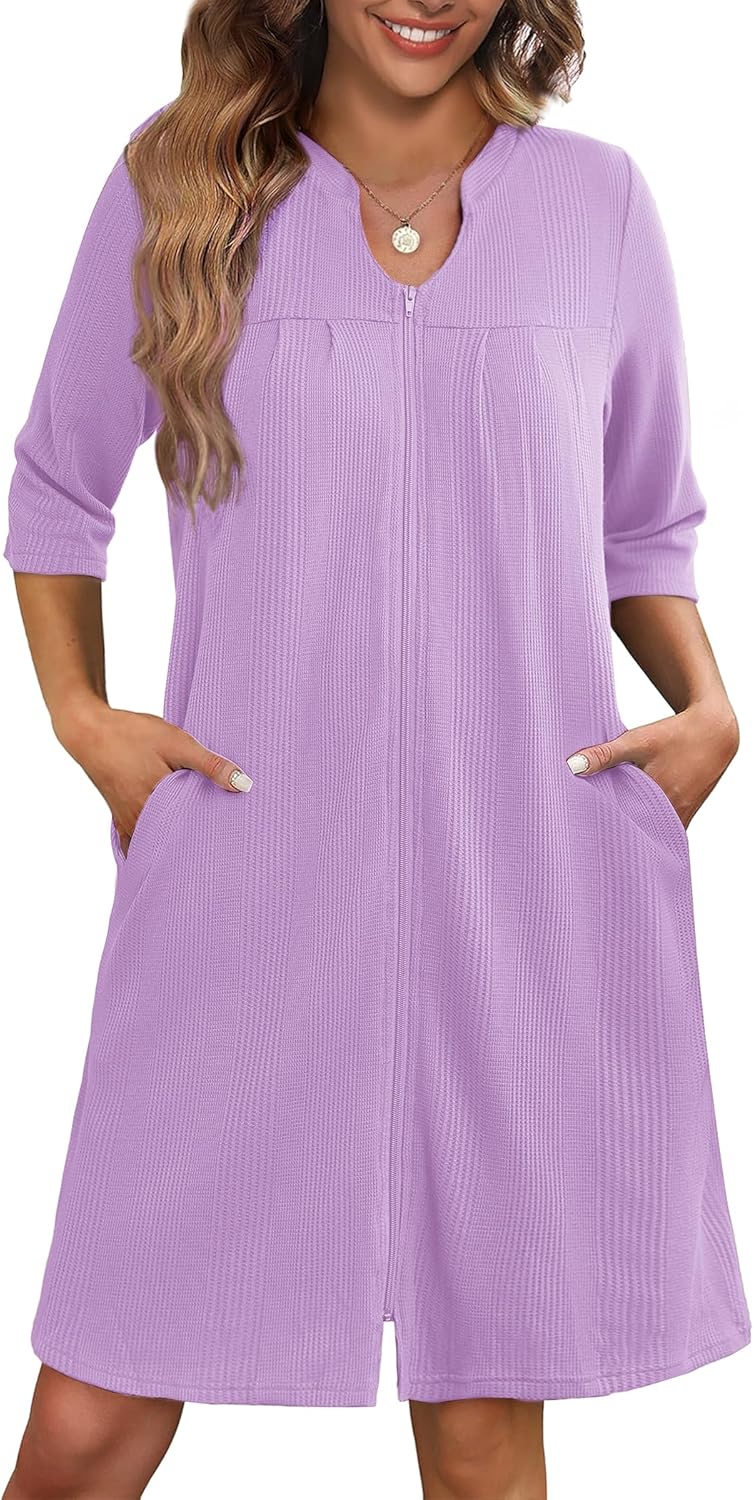 Ekouaer Zipper Robes for Women 3/4 Sleeve Waffle Knit Bathrobe Lightweight Short Housecoat with Pockets Soft Loungewear S-3XL - Image 5