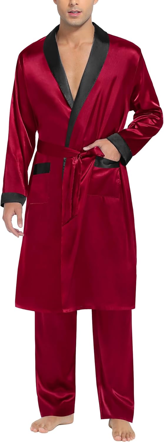 SWOMOG Men's Satin Robe with Pants Set Silky Kimono Bathrobe Lightweight Soft Sleepwear Loungewear