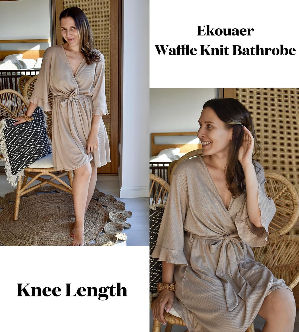Ekouaer Women Waffle Robes 3/4 Sleeve Ruffle Knit Bathrobe Soft Lightweight Knee Length Robe Loungewear