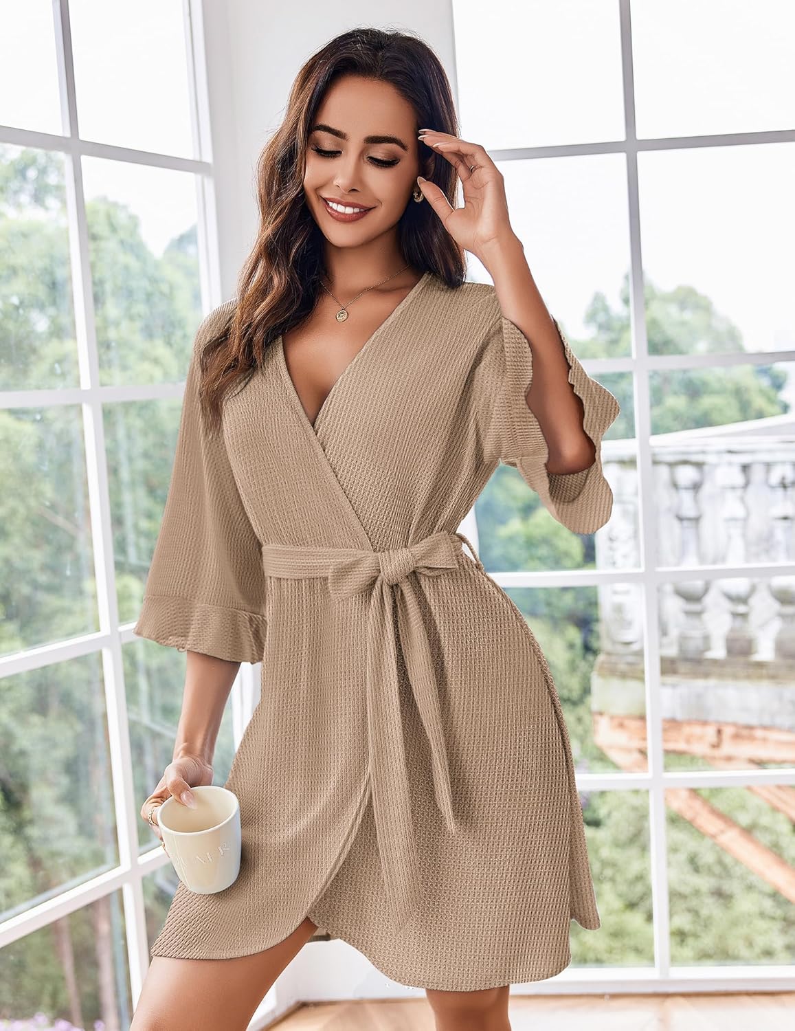 Alternative view of Ekouaer Women Waffle Robes 3/4 Sleeve Ruffle Knit Bathrobe Soft Lightweight Knee Length Robe Loungewear