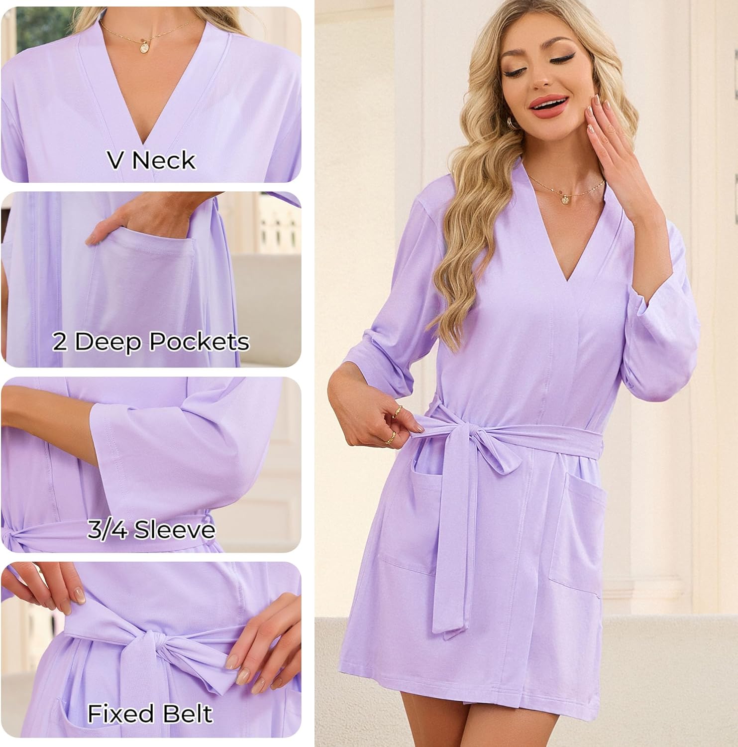 Alternative view of U2SKIIN Womens Tencel Cotton Kimono Robe, Soft Lightweight Short Bathrobe, V-neck Spa Loungewear with Pockets
