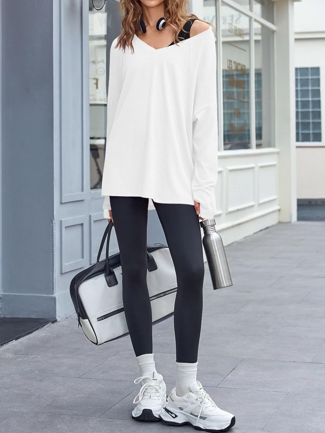 Fisoew Womens Long Sleeve Workout Tops Oversized Activewear Tunic V Neck Atheletic Yoga Shrits with Thumb Holes