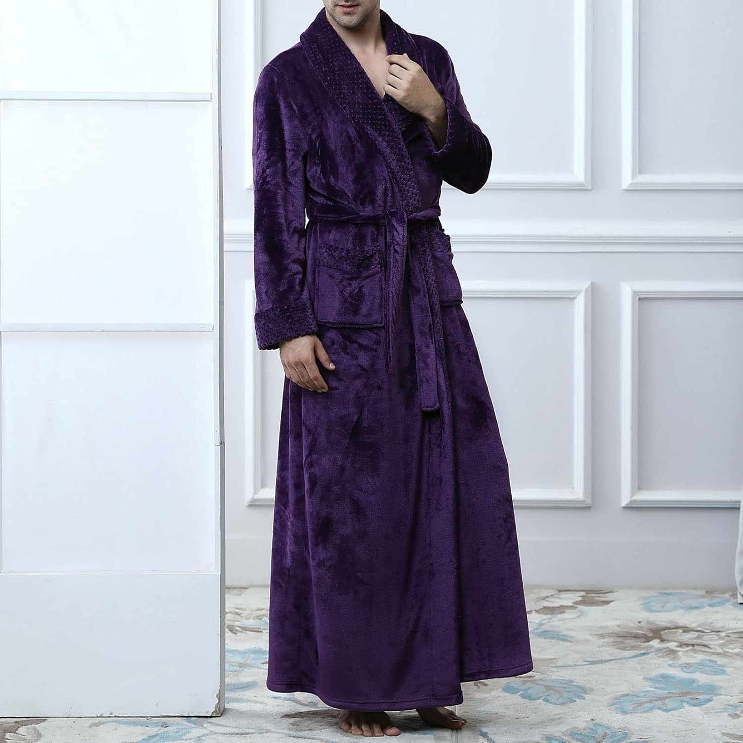 Lu's Chic Men's Long Sleeve Robe House Bathrobe Full Length Fluffy Pocket Winter Bath Hot Tub