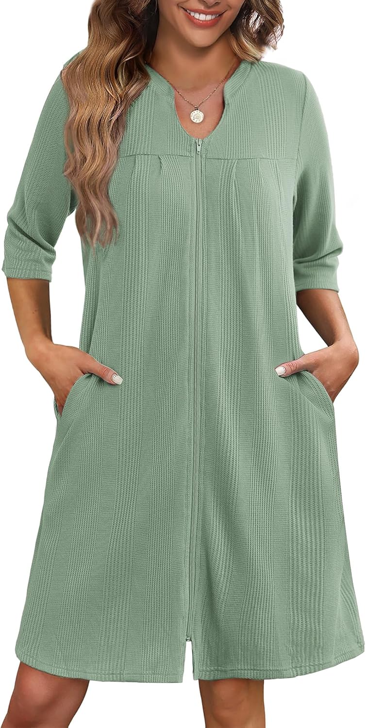 Ekouaer Zipper Robes for Women 3/4 Sleeve Waffle Knit Bathrobe Lightweight Short Housecoat with Pockets Soft Loungewear S-3XL - Image 6