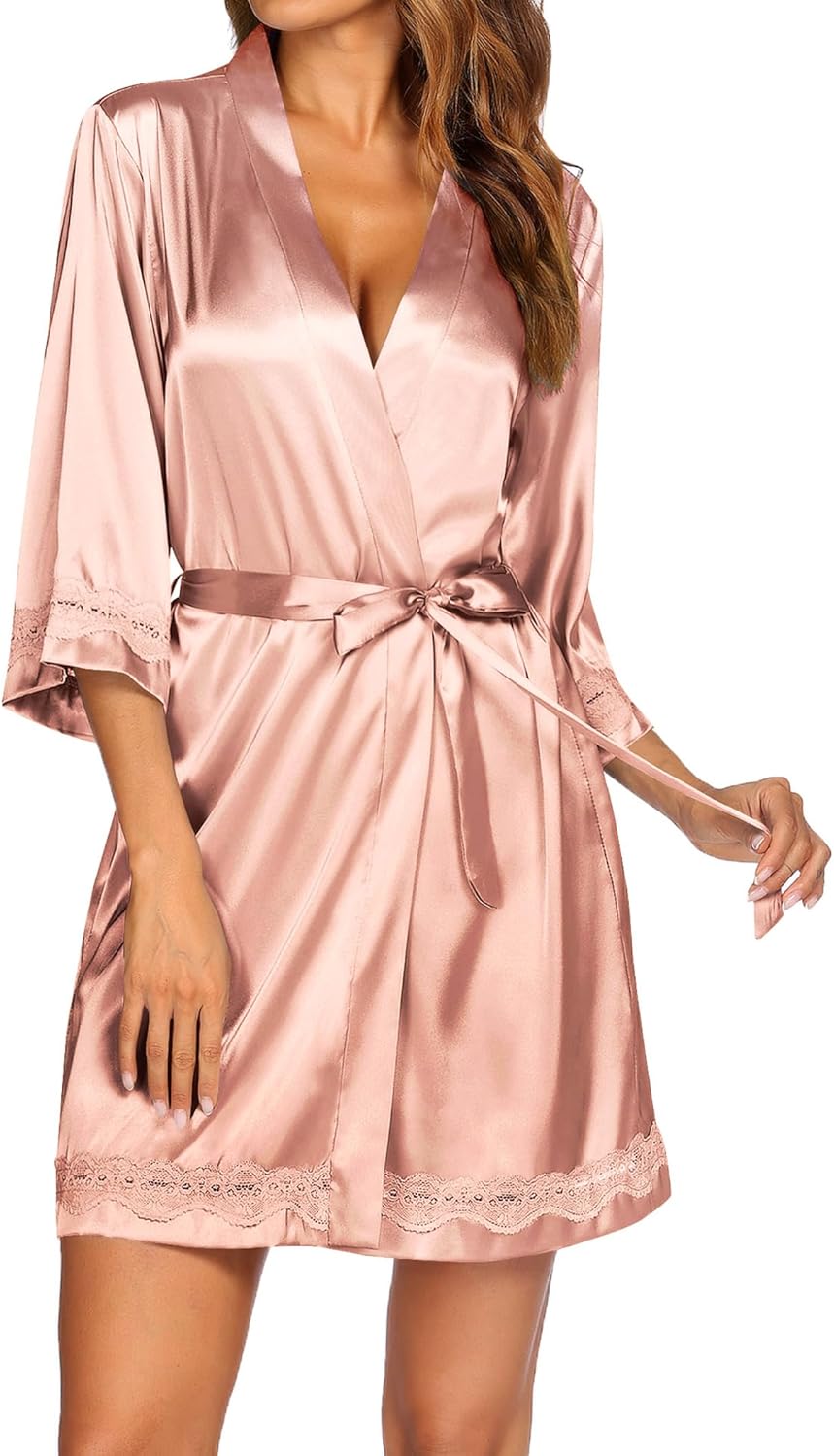 Ekouaer Women's Lace-Trim Silk Robes Bride Bridesmaid Kimono Satin Bathrobe V Neck Sleepwear with 3/4 Sleeve - Image 5