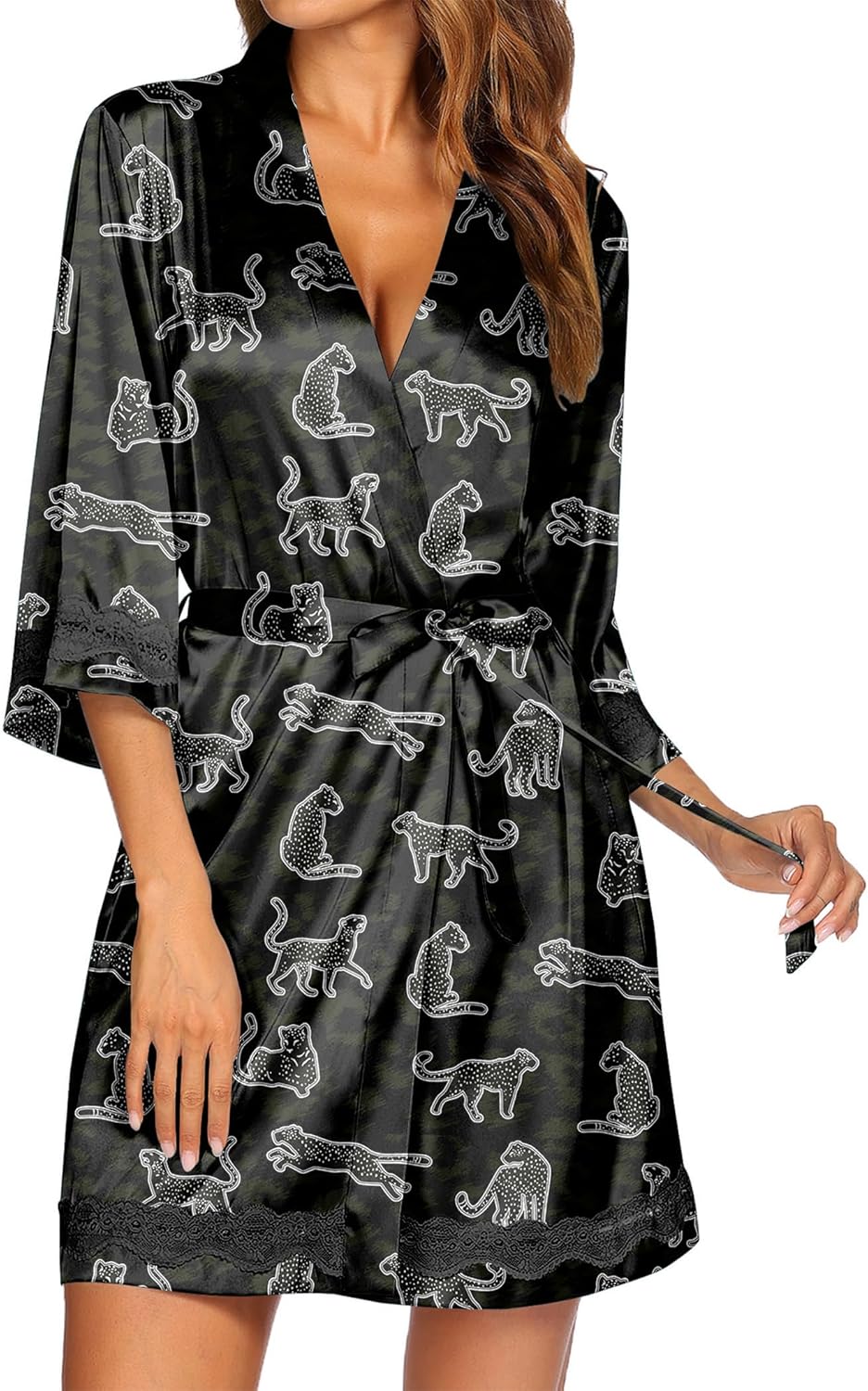 Ekouaer Women's Lace-Trim Silk Robes Bride Bridesmaid Kimono Satin Bathrobe V Neck Sleepwear with 3/4 Sleeve - Image 7