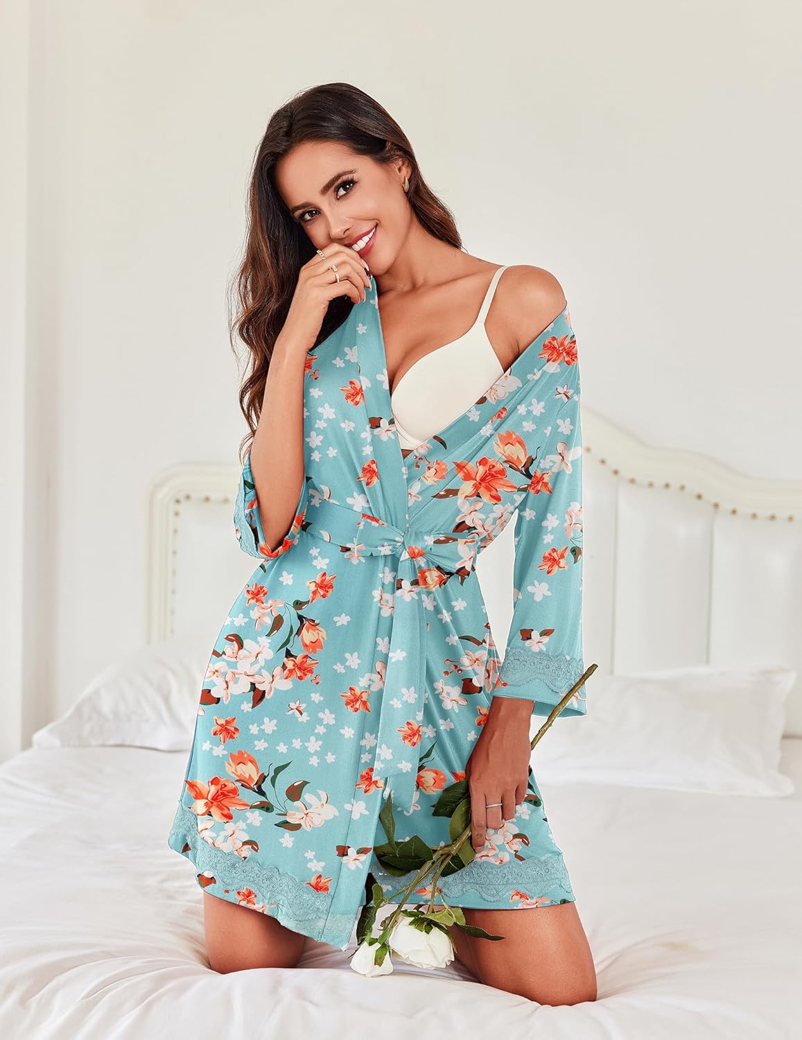 Alternative view of Ekouaer Robes for Women Short Knit Bathrobe Lightweight Sexy Lace Sleepwear Soft Knee Length Loungewear