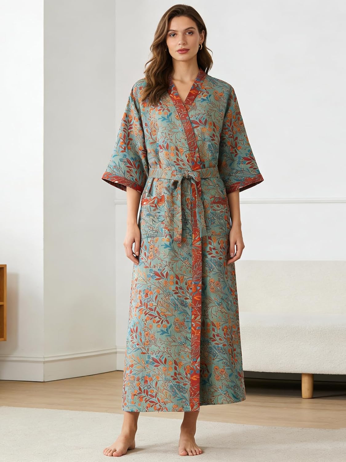 ENGLUCK Cotton Gauze Robe for Wome Plus Size Kimono Robe Muslin Bathrobe with Belt Pocket Loungewear Yukata Sleepwear