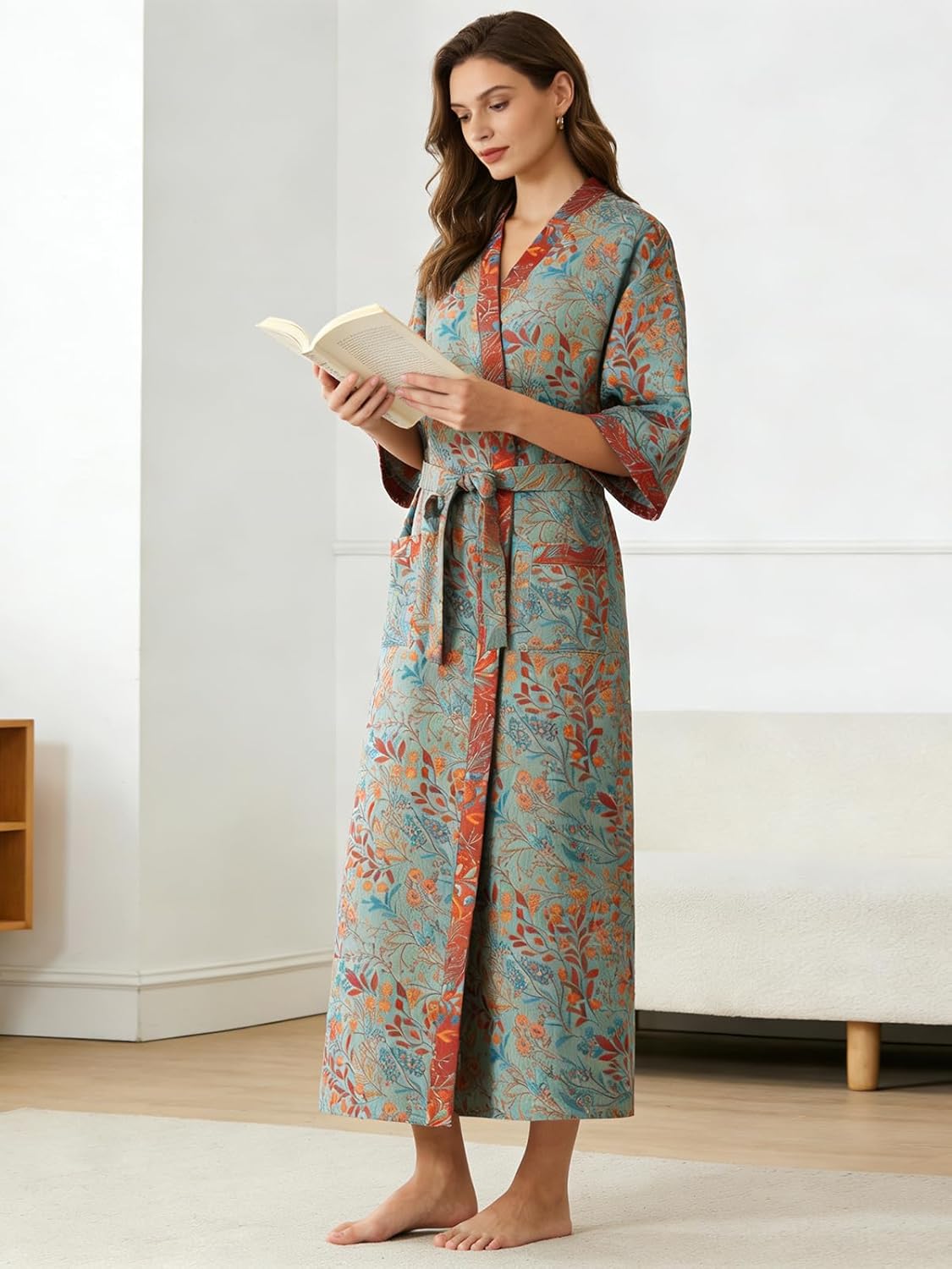 Alternative view of ENGLUCK Cotton Gauze Robe for Wome Plus Size Kimono Robe Muslin Bathrobe with Belt Pocket Loungewear Yukata Sleepwear