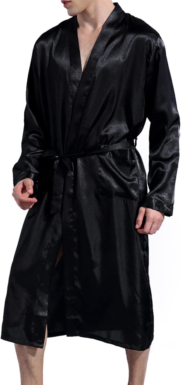 Previn Men's Satin Kimono Robe Long Spa Bathrobes Luxurious Silk Long Sleeve Loungewear