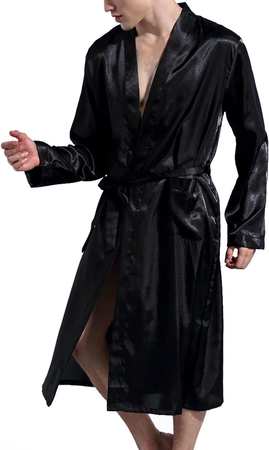 Alternative view of Previn Men's Satin Kimono Robe Long Spa Bathrobes Luxurious Silk Long Sleeve Loungewear