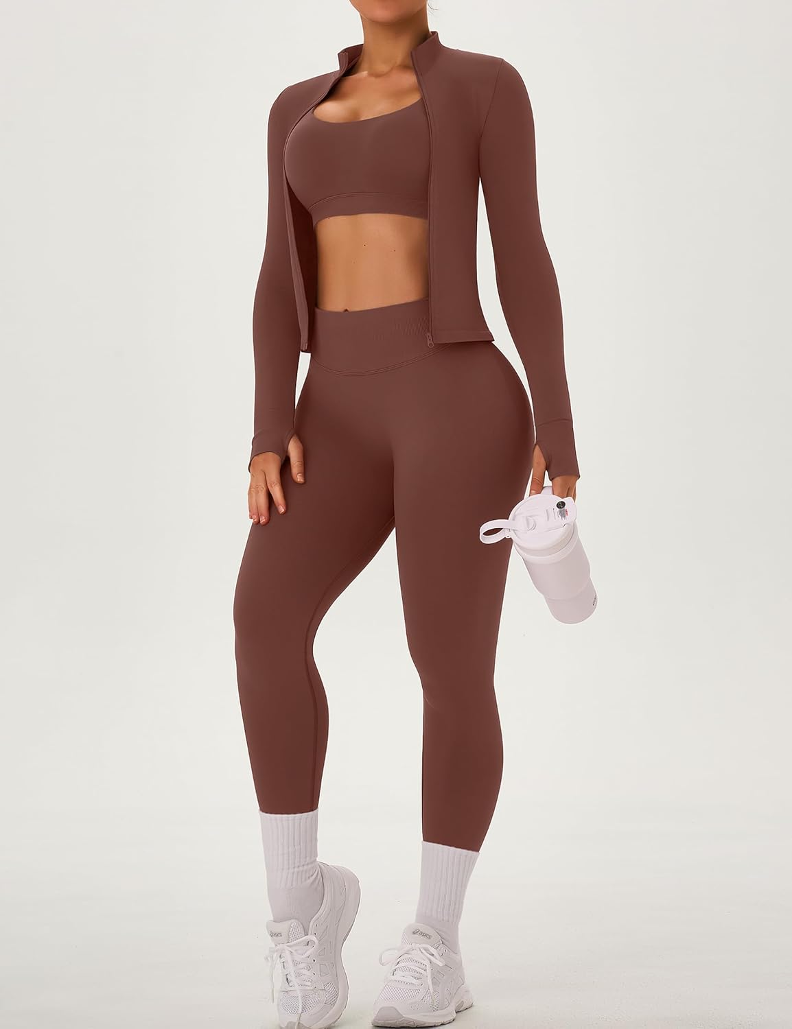 OLCHEE Womens Workout Sets 3 Piece Seamless Long Sleeve Jacket Scrunch Butt Leggings Racerback Sports Bra Yoga Gym Outfits