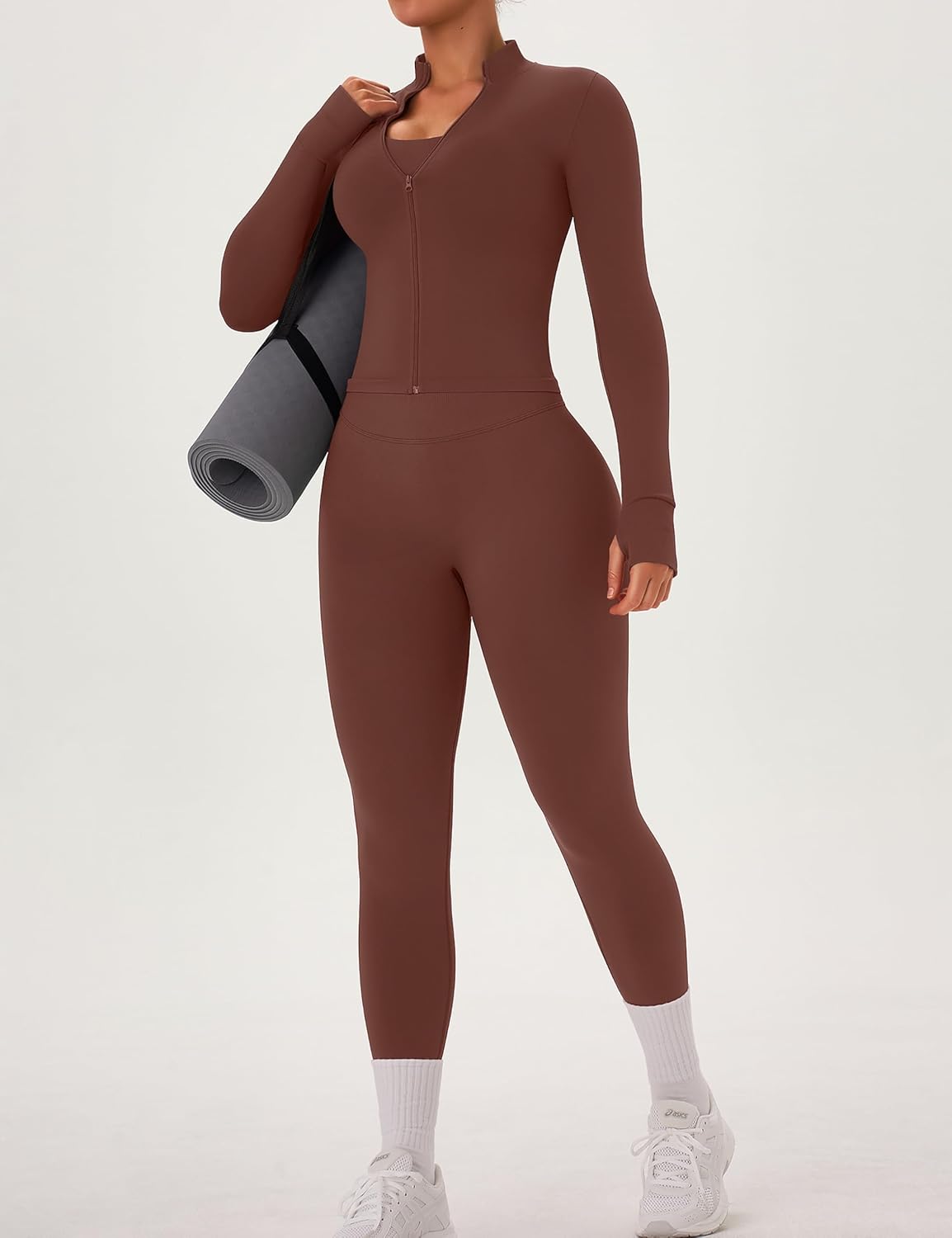 Alternative view of OLCHEE Womens Workout Sets 3 Piece Seamless Long Sleeve Jacket Scrunch Butt Leggings Racerback Sports Bra Yoga Gym Outfits