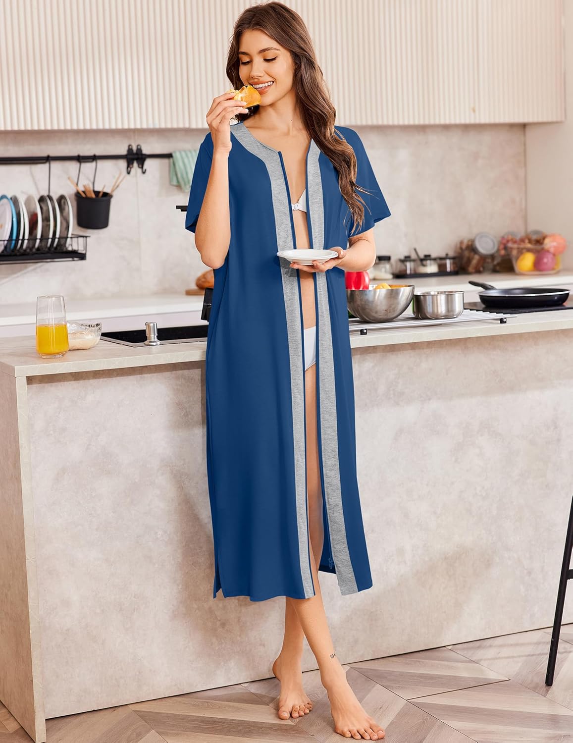 Ekouaer Women Zipper Robe Lightweight House Coat Zipper Front Long Nightgown Soft Loungewear with Pockets S-3XL