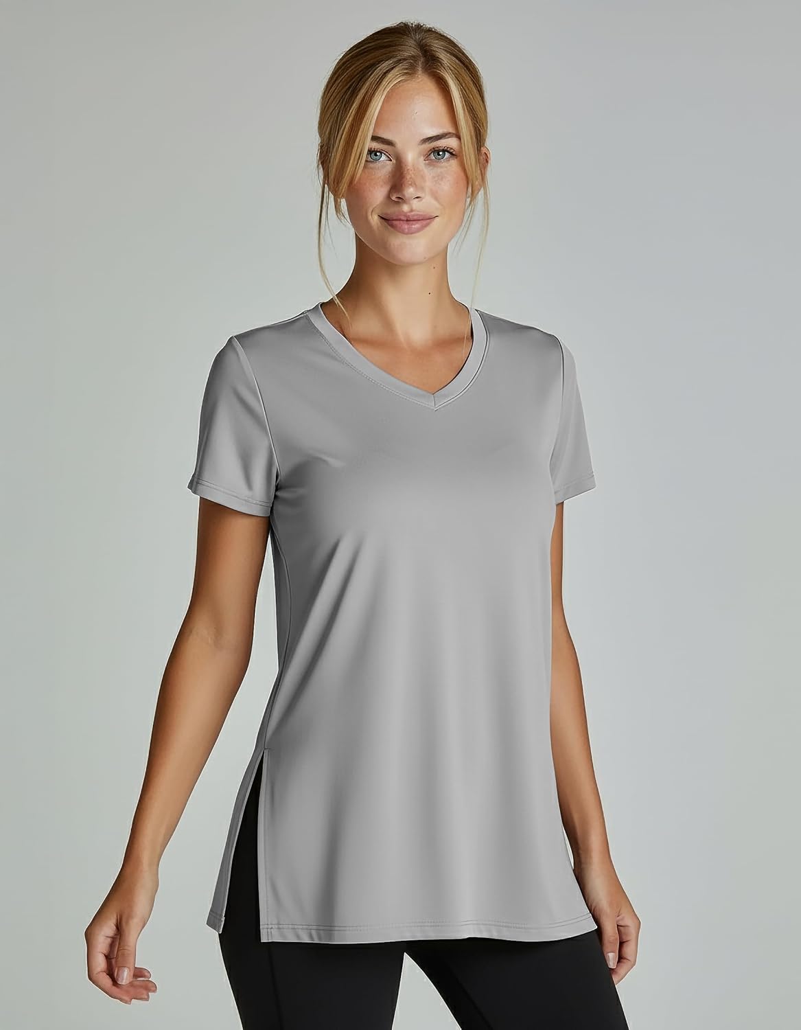 Real Essentials 5 Pack: Women's Short Sleeve Split Hem V-Neck T-Shirts, Athletic Tops, Gym, Workout, Yoga, Activewear (Plus)