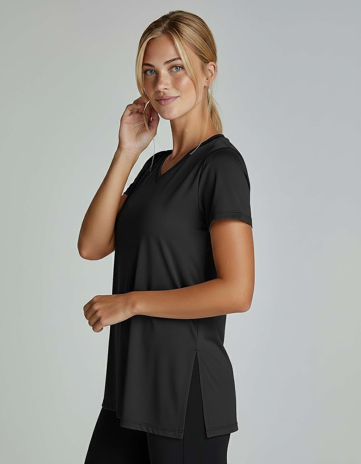 Alternative view of Real Essentials 5 Pack: Women's Short Sleeve Split Hem V-Neck T-Shirts, Athletic Tops, Gym, Workout, Yoga, Activewear (Plus)