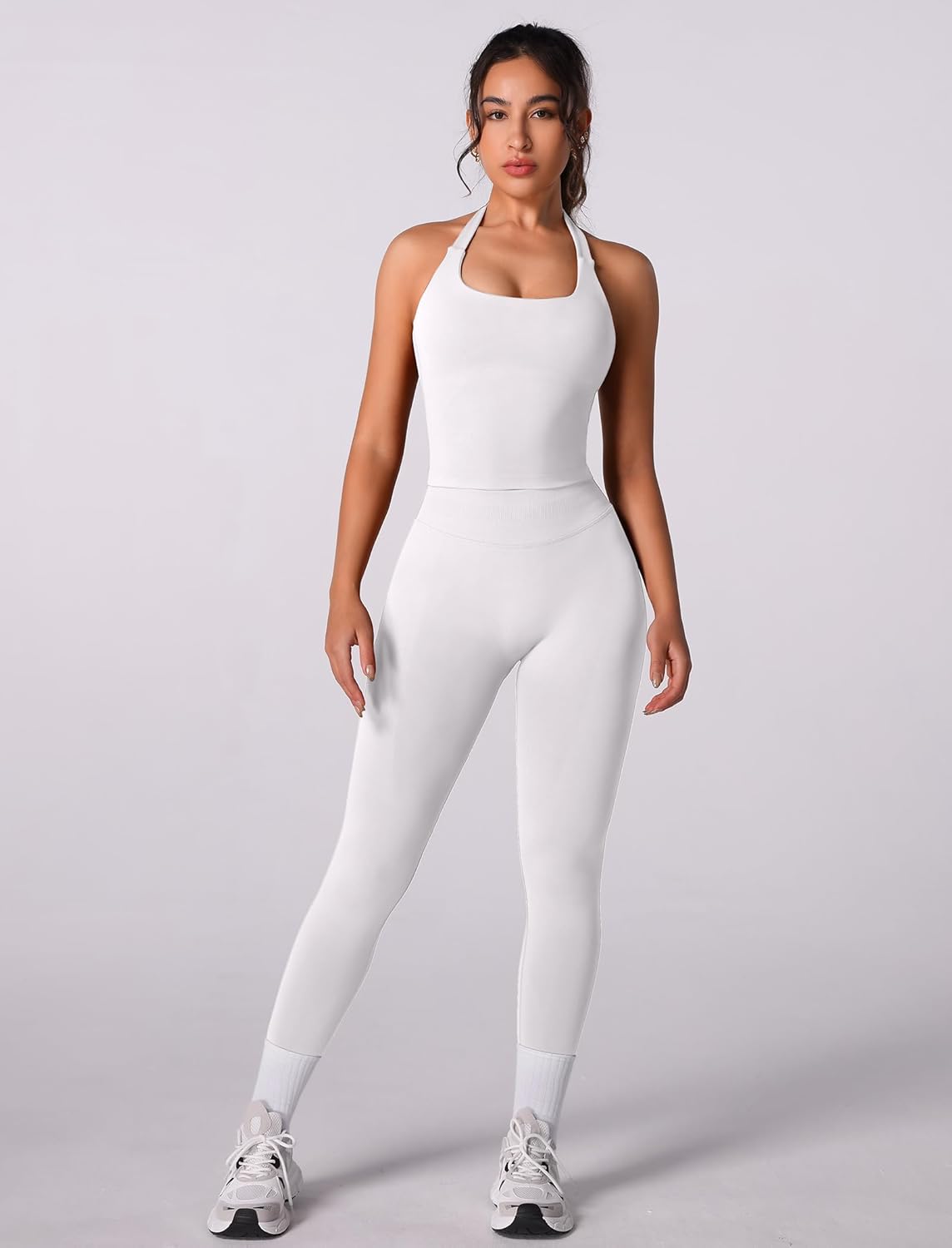 Alternative view of ABOCIW Workout Sets for Women Seamless Scunch Butt Lifting Impact Leggings Halter Sports Bra 2 Piece Gym Outfits