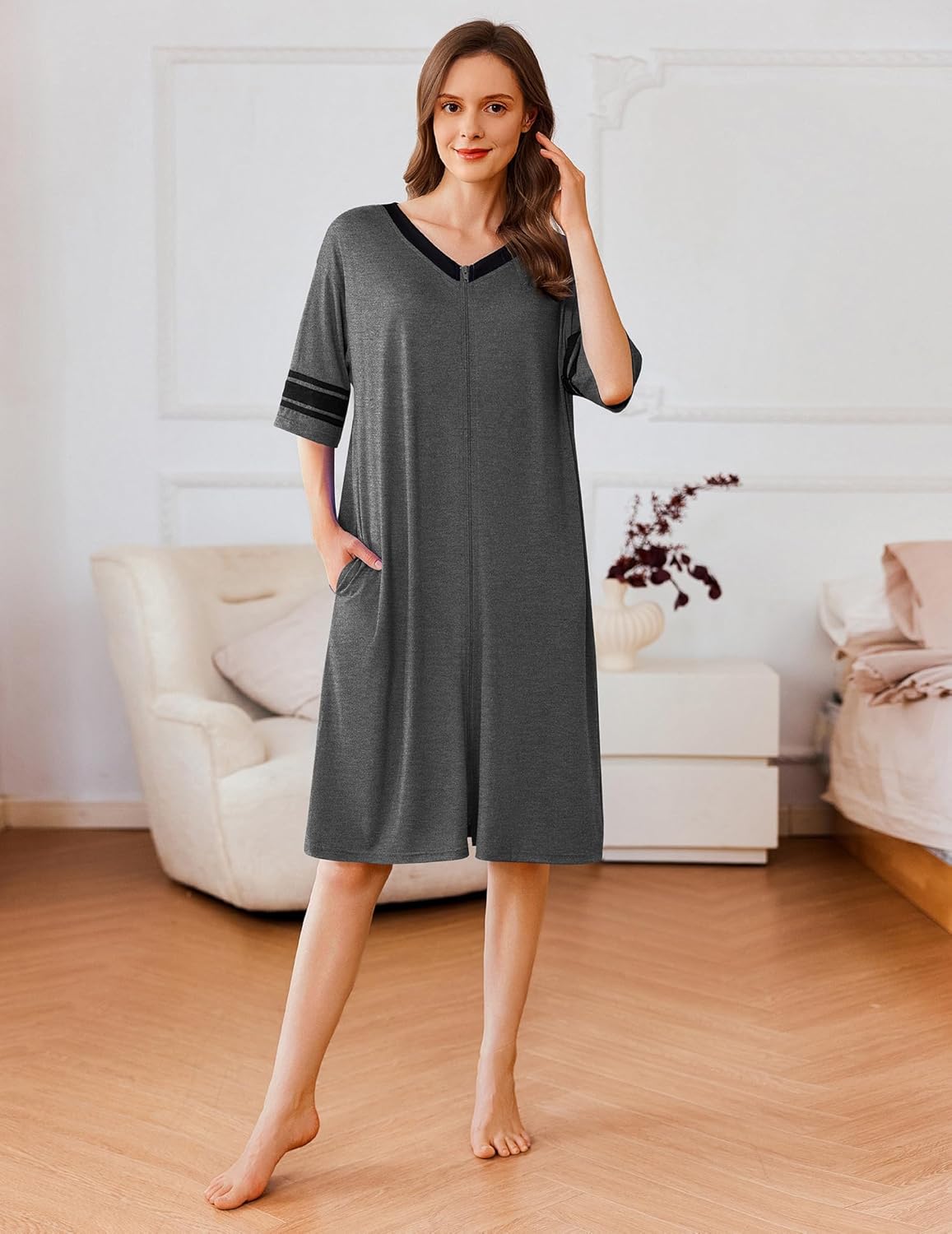 Alternative view of Ekouaer Women Zipper Robe Short Striped Sleeves Lightweight Robes Color Block Bathrobe Soft Sleepwear with Pockets S-3XL