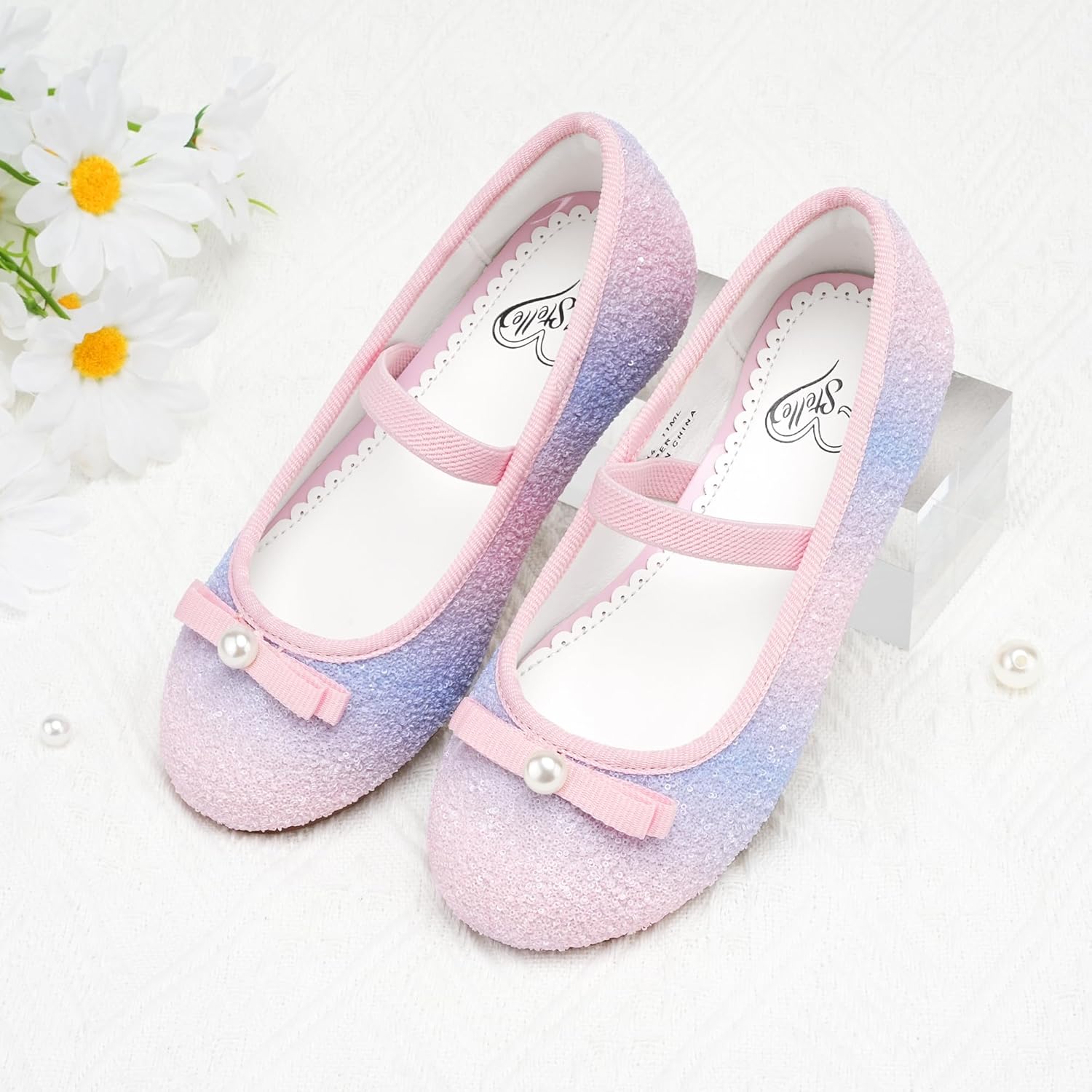 Alternative view of Stelle Girls Glitter Dress Shoes Flower Wedding Mary Jane Ballet Flats with Strap Toddler/Little/Big Kids