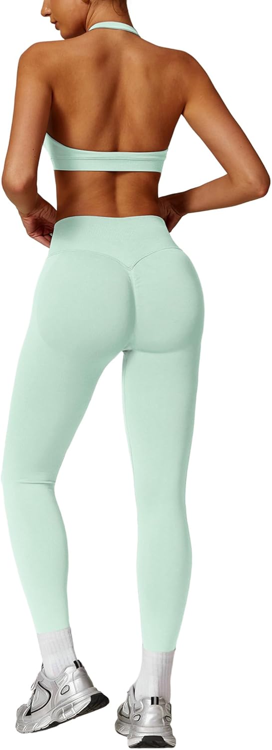 ABOCIW Workout Sets for Women Seamless Scunch Butt Lifting Impact Leggings Halter Sports Bra 2 Piece Gym Outfits - Image 6